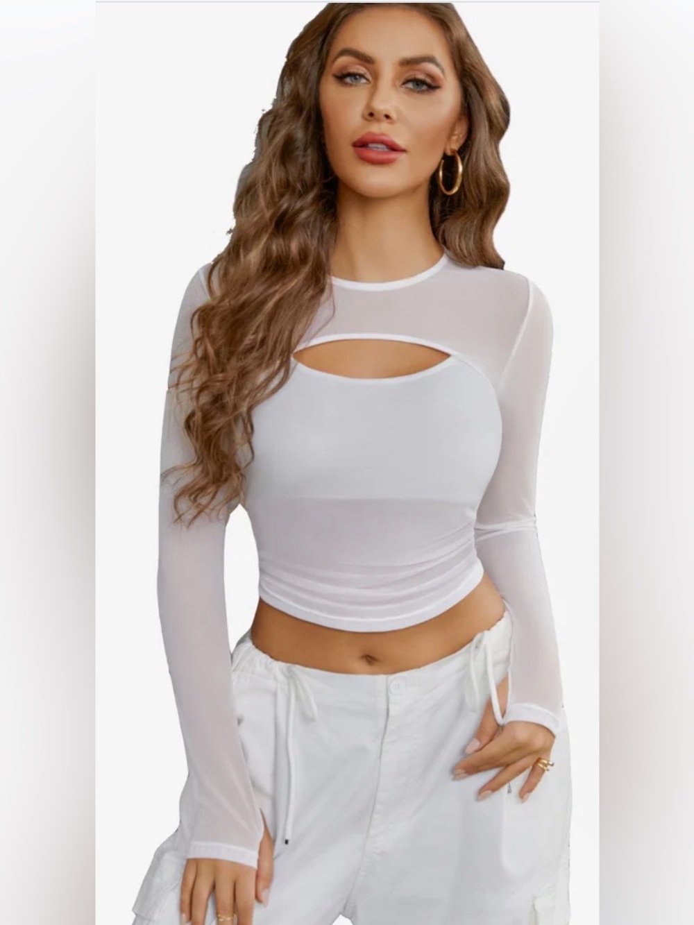 NWT AVIDLOVE Sheer Mesh Long Sleeve Crop Top, white, large